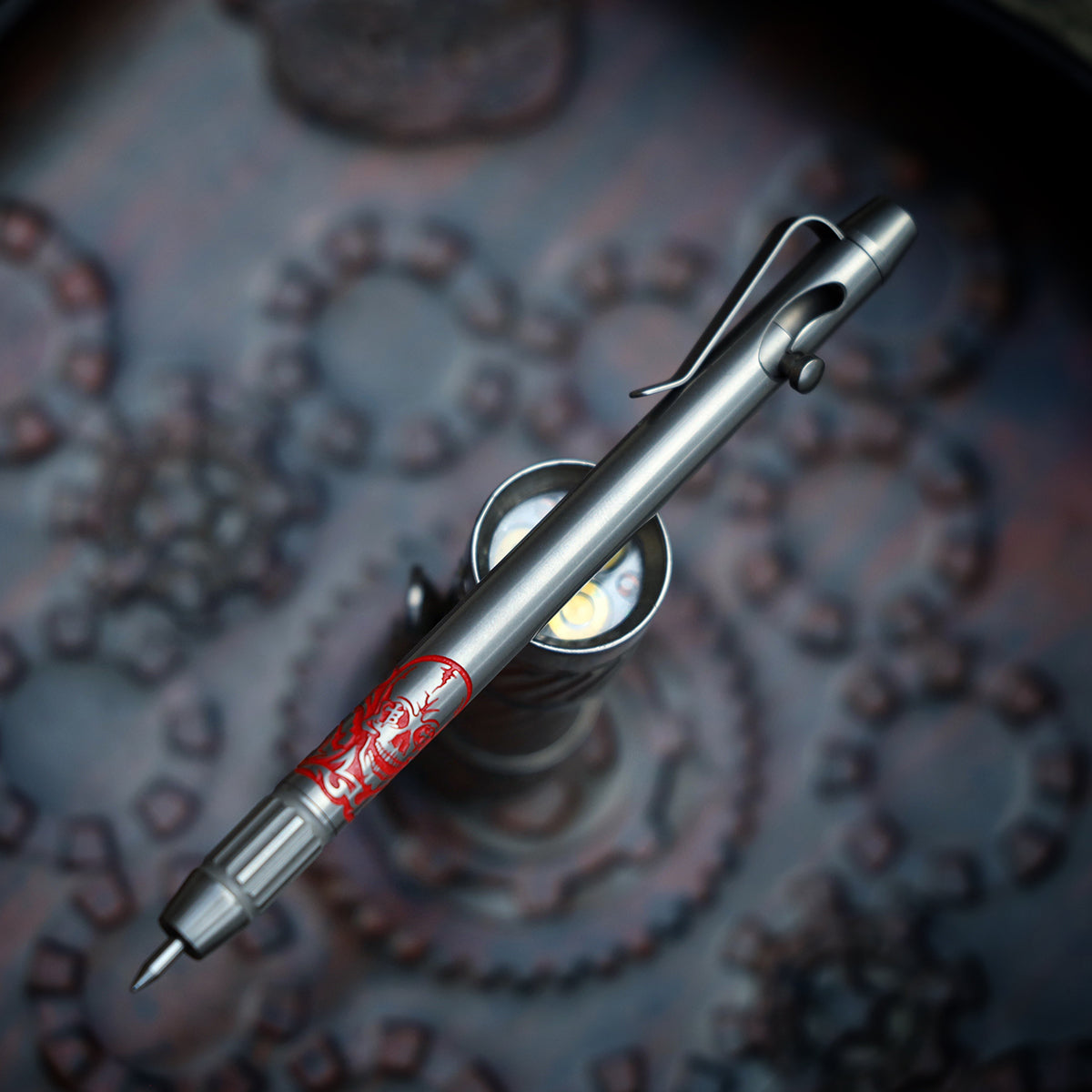 Titanium BoltLiner Fluted Pen -- Red Borka Skulls LE (Acid Etched)