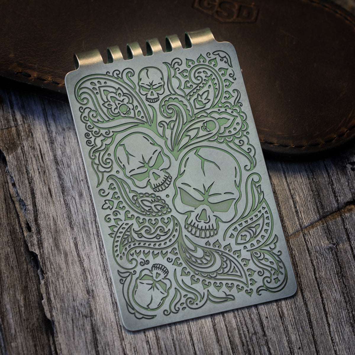 Minimalist Wallet LE Series -- Paisley Skull (Tumbled Green Ano)