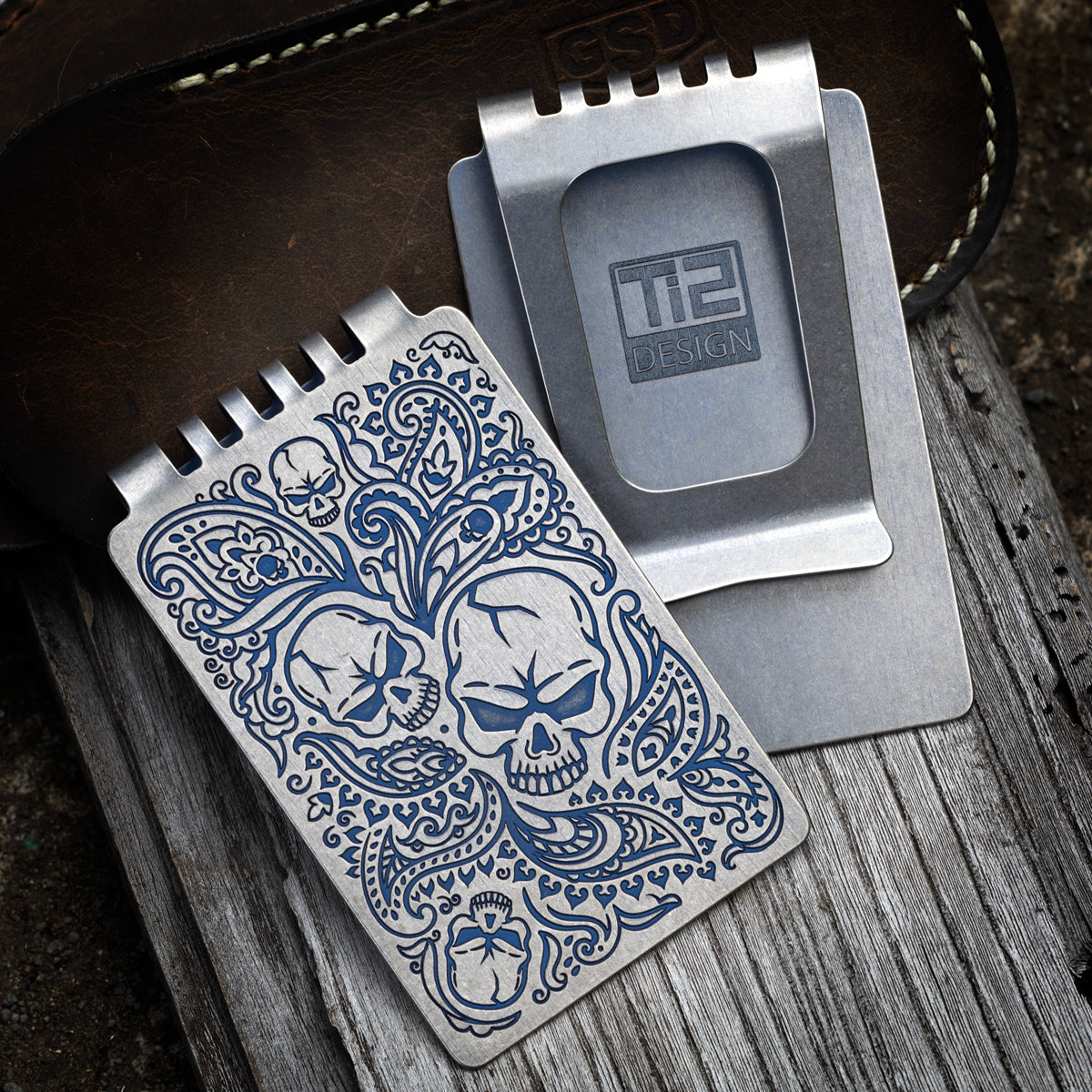 Minimalist Wallet LE Series -- Paisley Skull Anodized Blue