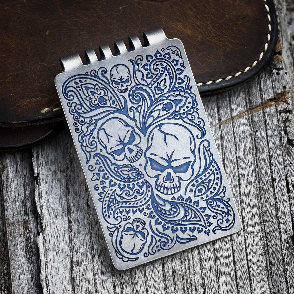 Minimalist Wallet LE Series -- Paisley Skull Anodized Blue