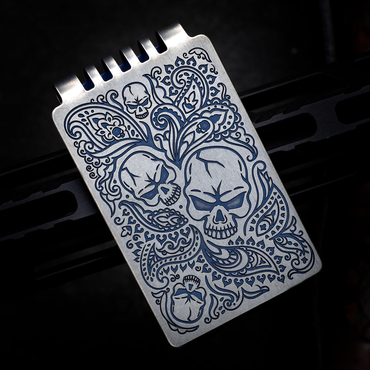 Minimalist Wallet LE Series -- Paisley Skull Anodized Blue